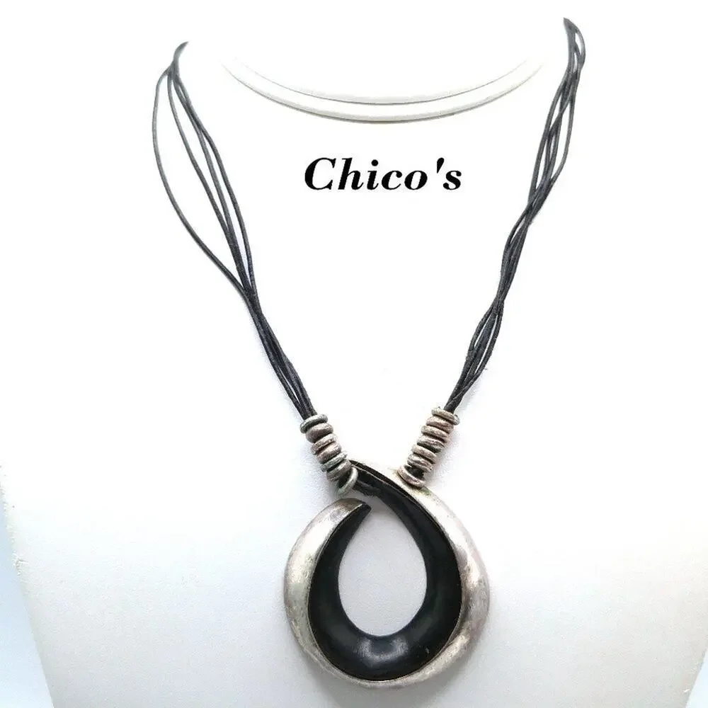 Chico's Black Enamel Pendant Necklace, Four Faux Leather Cords, Silver Tone Bead